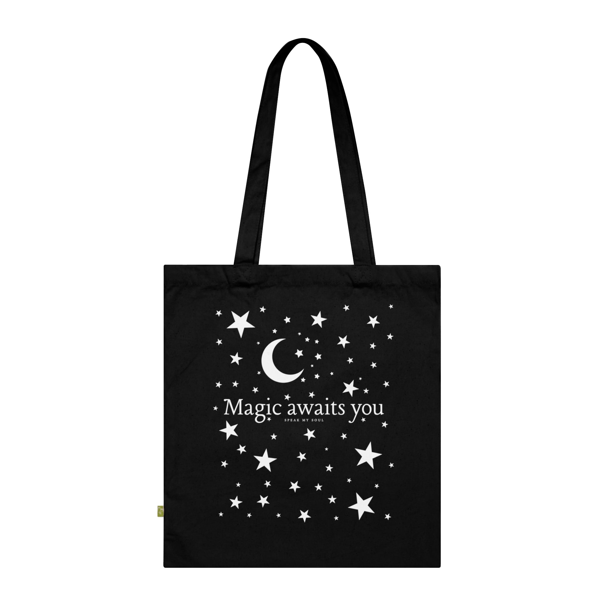 "Magic awaits you" Tote Bag — Black Organic Cotton 'Speak My Soul' Inspirational Quote Tote for Everyday Carry