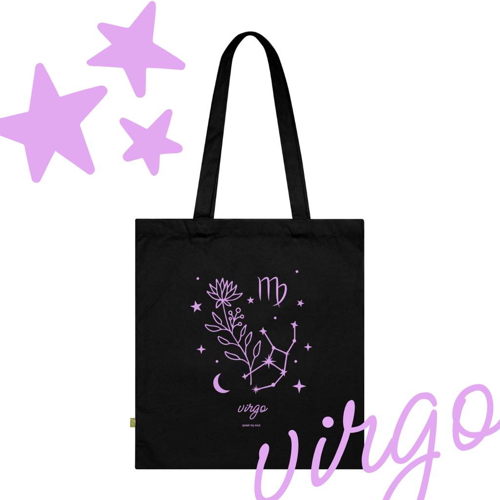 Virgo Zodiac Tote Bag — Organic Cotton Astrology Tote with "Virgo" Constellation & Zodiac Symbols