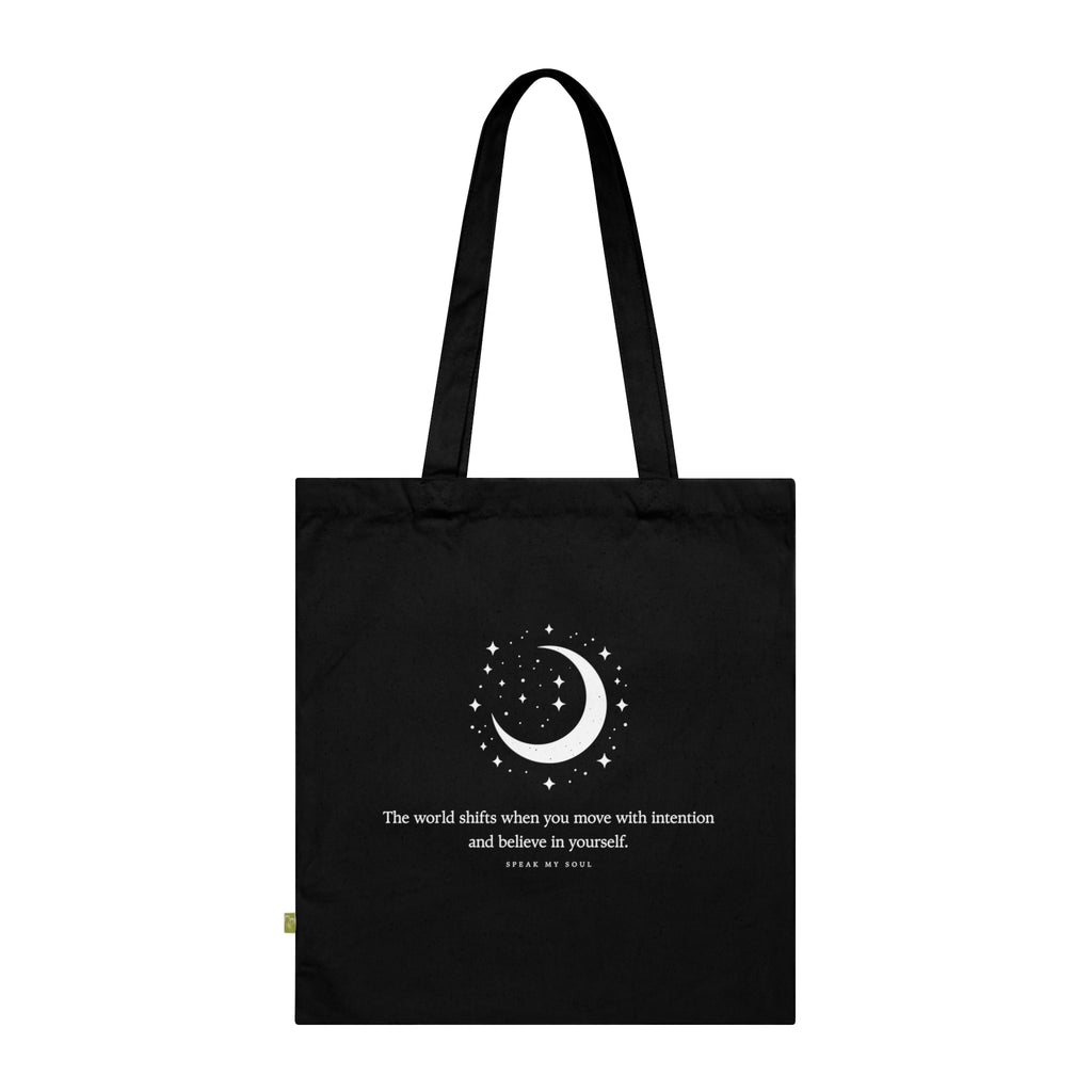 "The world shifts..." Tote Bag — Black Organic Cotton 'Speak My Soul' Inspirational Quote Tote for Everyday Carry